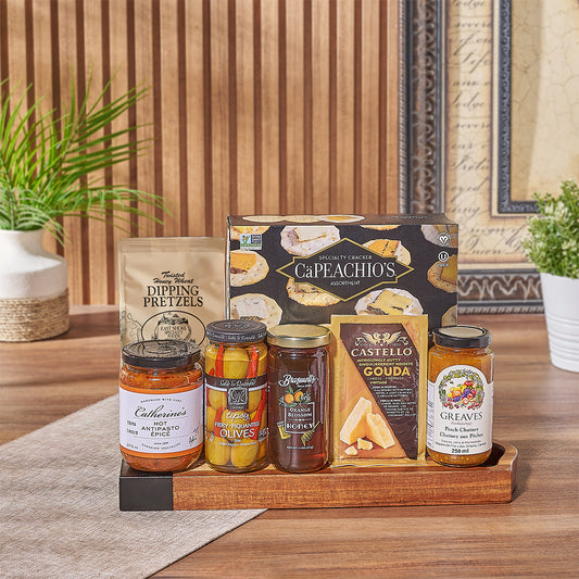 With the Gourmet Appetizer Gift Set, indulge in a delightful selection of gourmet goodies. Packed with delicious snacks, the perfect treat for any occasion, Vancouver delivery 