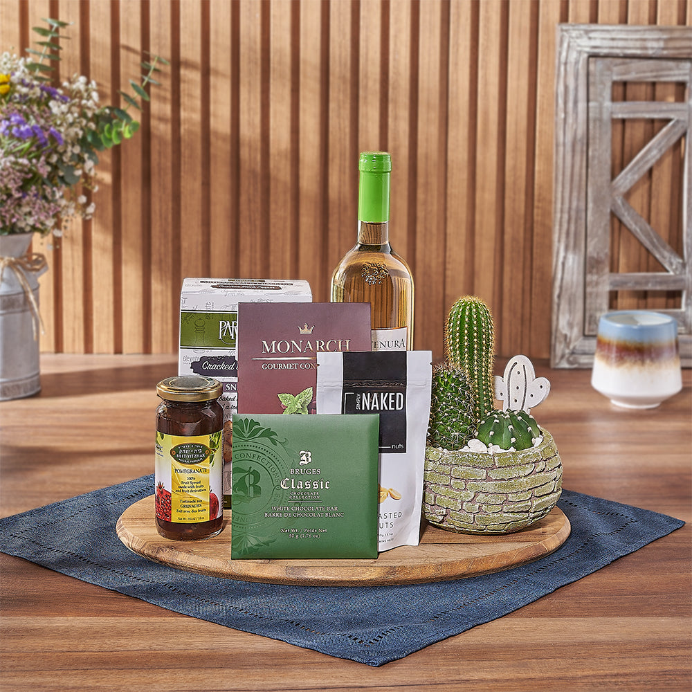 Kosher Wine &amp; Cacti Gift, kosher gift, kosher wine, plant, crackers, chocolate, nuts, jam, board, Vancouver Delivery