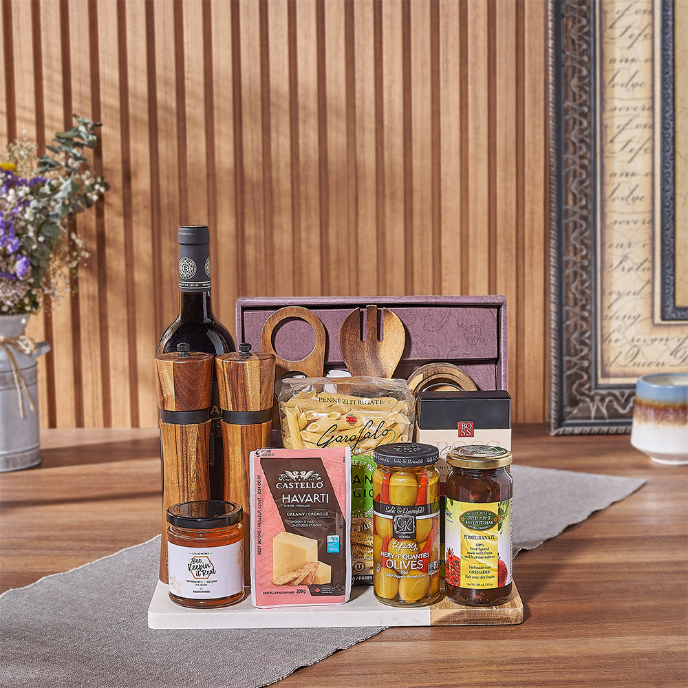 The Hanukkah Kosher Wine &amp;amp; Pasta Basket from Vancouver Baskets is a stunning gift - Vancouver Delivery