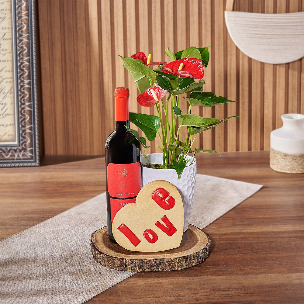 Valentine's Wine and Heart Cookie Basket – how the gift is presented