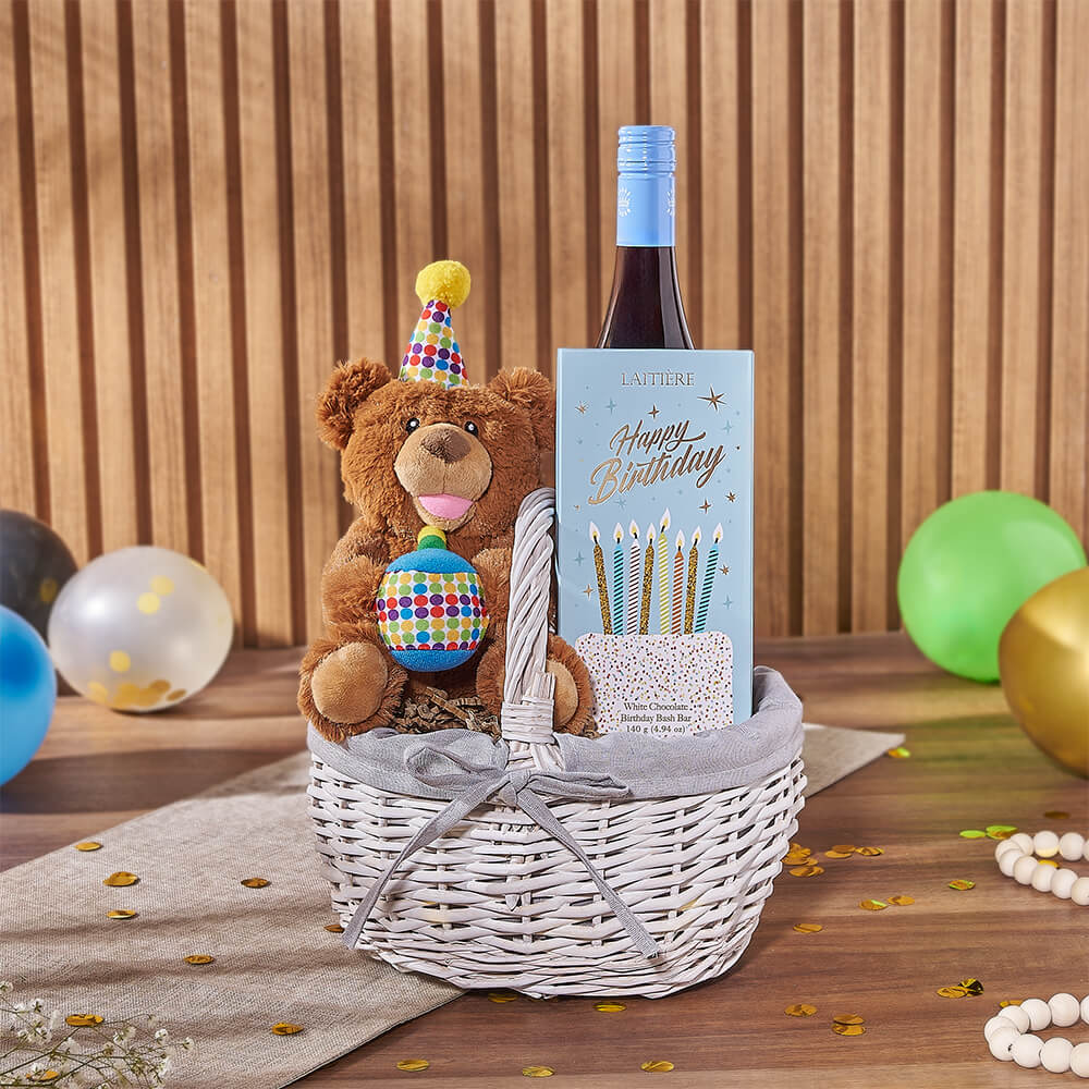 Birthday Wine Gift Basket with Plush Teddy Bear in White Wicker – how the gift is presented