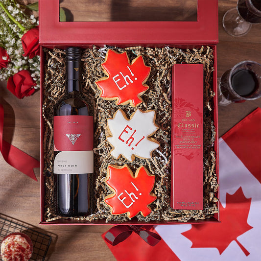 Canada Day Wine Gift Box, canada day gift, canada day, wine gift, wine, chocolate gift, chocolate, cookie gift, cookie, Vancouver delivery