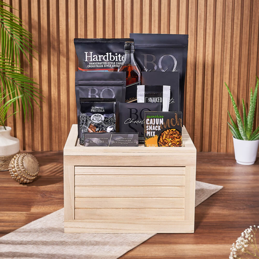 Whiskey and Artisan Snacks Crate – how the gift is presented