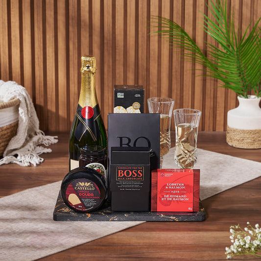 Celebratory Champagne Gift Board, champagne gift, champagne, sparkling wine gift, sparkling wine, chocolate gift, chocolate, seafood gift, seafood, Vancouver delivery