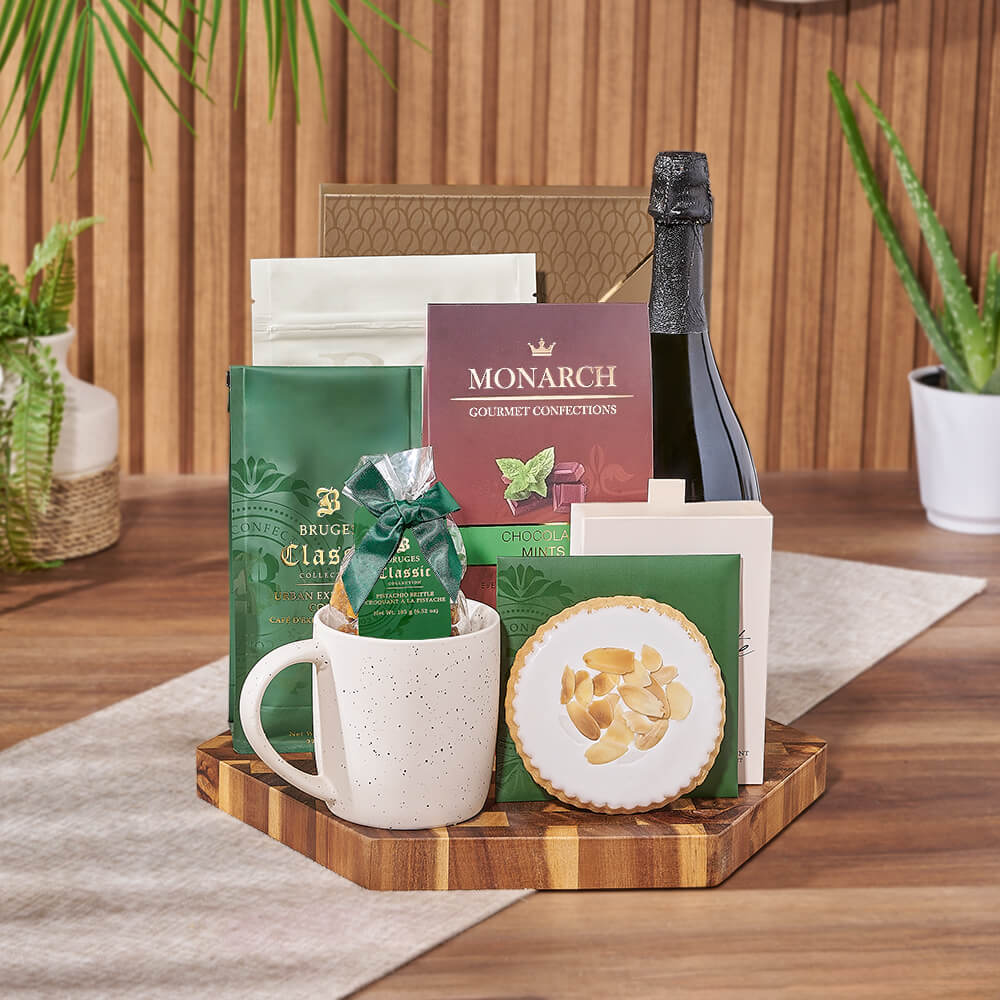 Deluxe Sparkling Wine Gift Basket with Gourmet Chocolates and Coffee – how the gift is presented