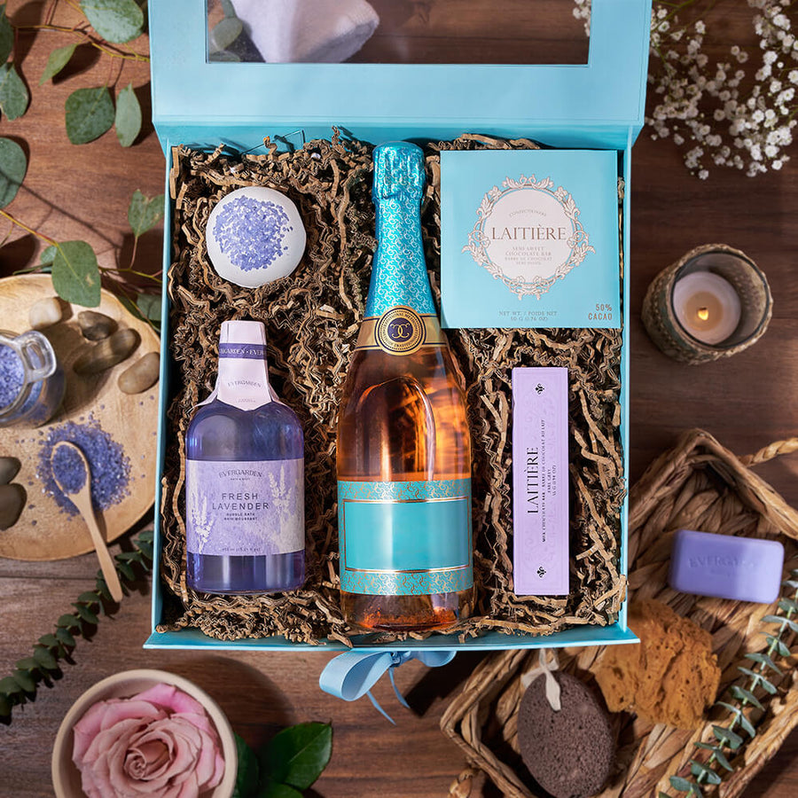 Champagne & Spa Perfections, spa gift, spa, bath & body gift, bath & body, champagne gift, champagne, sparkling wine gift, sparkling wine, Vancouver Baskets- Vancouver delivery
