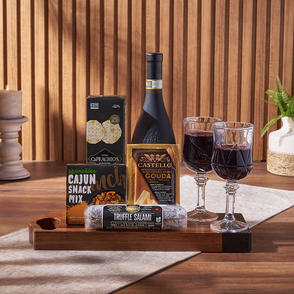 Wine and Gourmet Snack Gift Basket with Hand-Varnished Serving Board – how the gift is presented