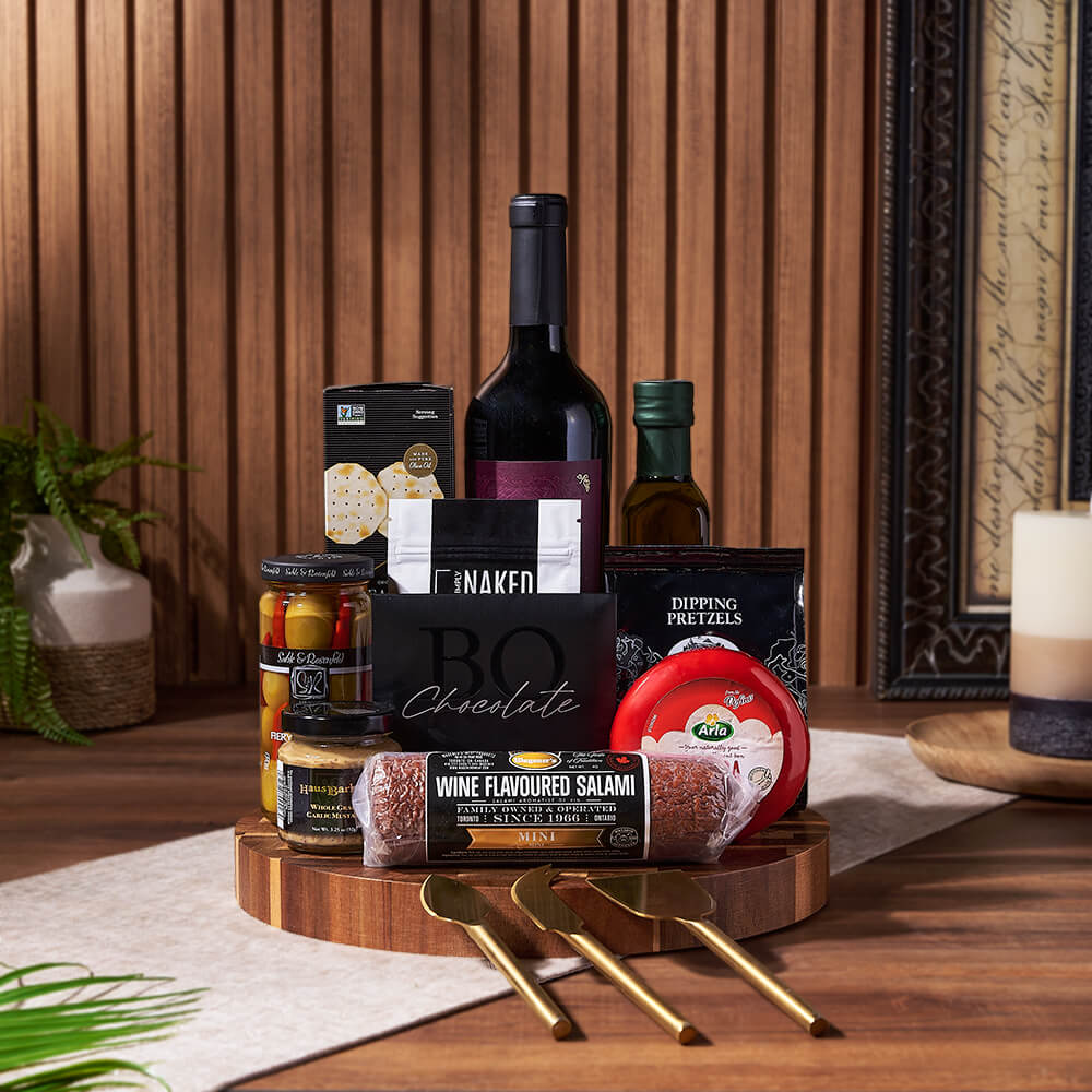 Cheese, Crackers & Wine Gift Basket, wine gift, wine, cheese gift, cheese, charcuterie gift, charcuterie, Vancouver  delivery