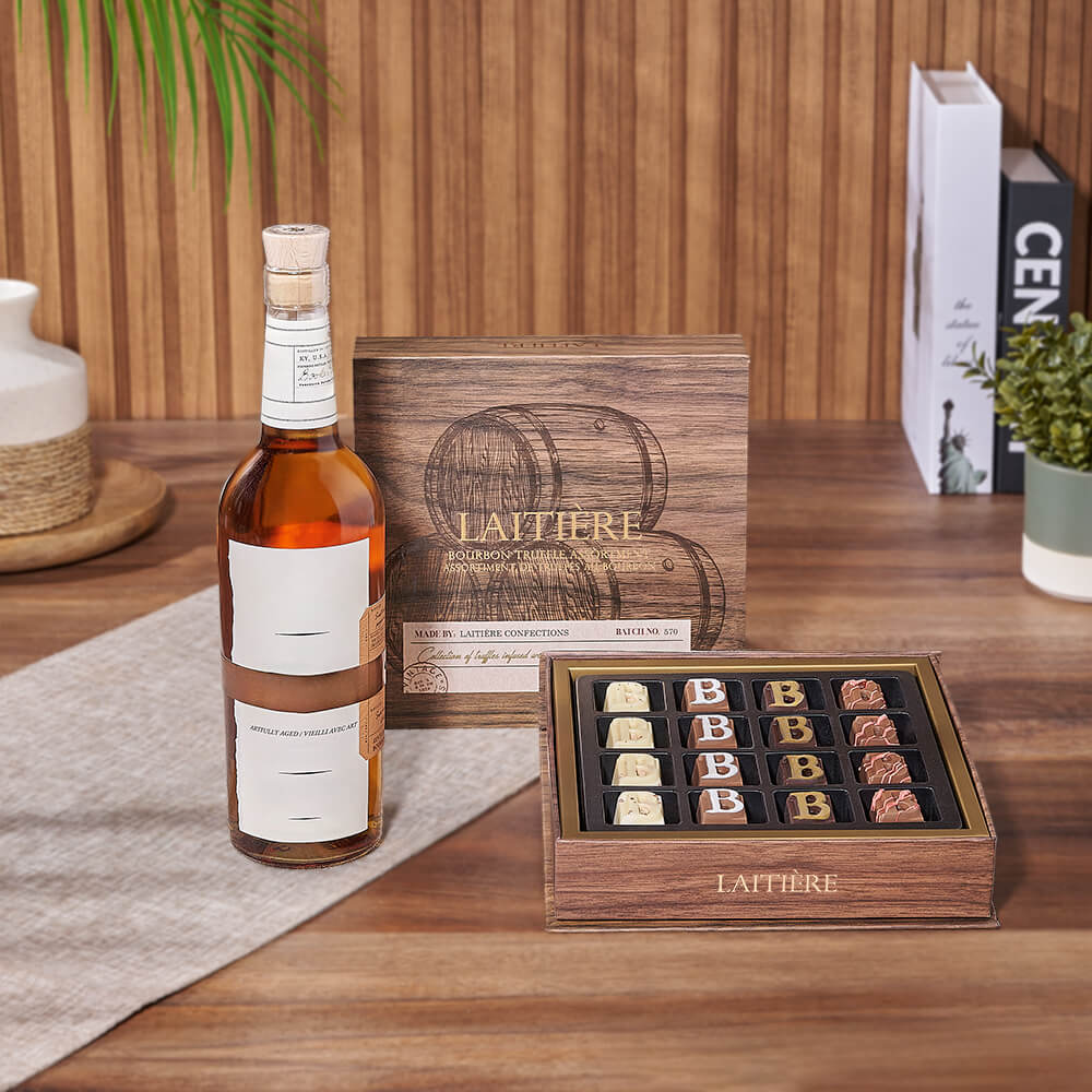 Bourbon Truffles and Whiskey Gift Basket – how the gift is presented