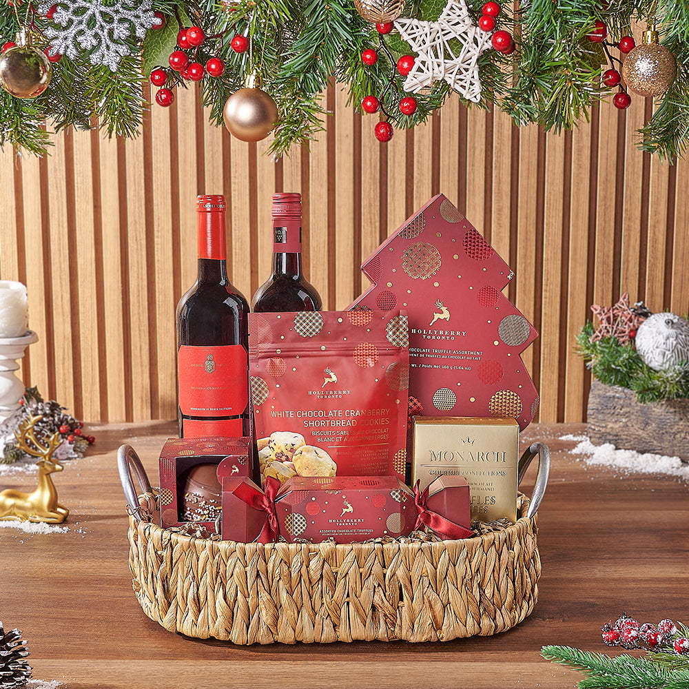 Wine and Festive Chocolate Basket – how the gift is presented