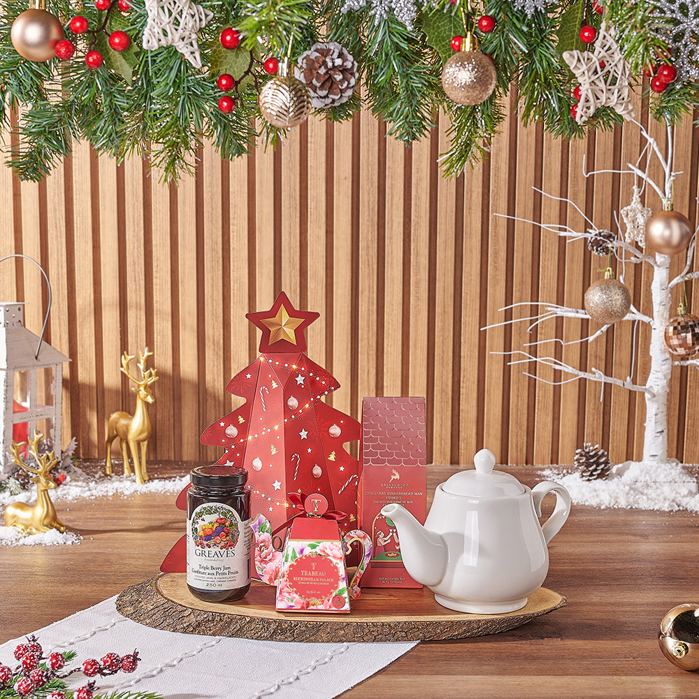 Festive Christmas Gourmet Gift Basket with Tea Pot and Serving Board – how the gift is presented