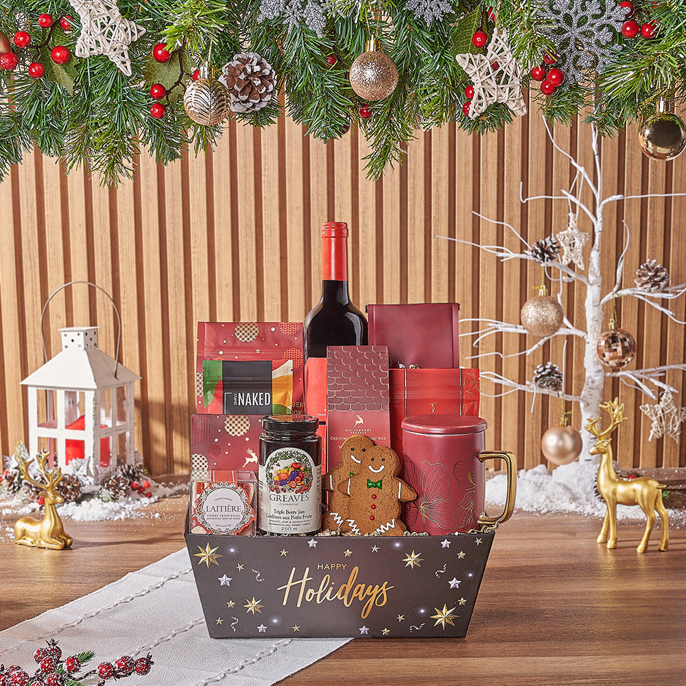 Holiday Wine and Dark Chocolate Basket – how the gift is presented