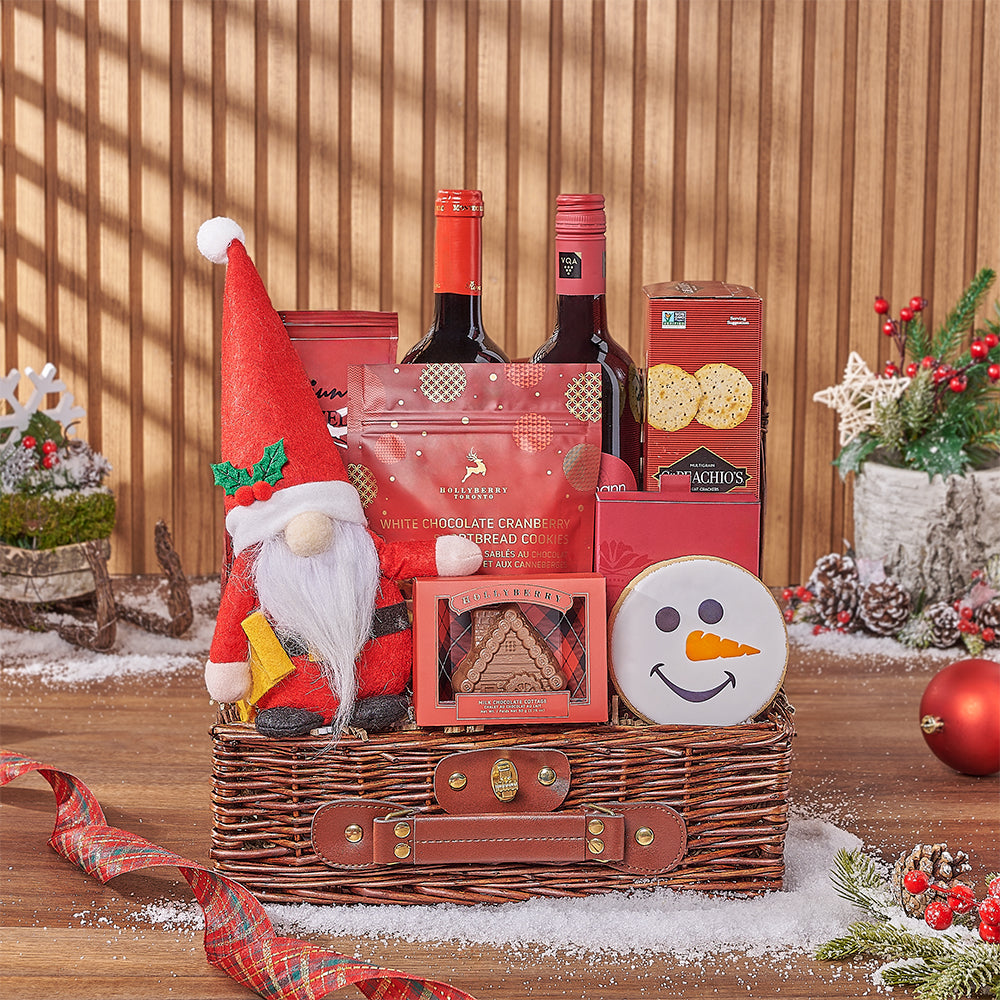 Christmas Wine Gift Basket with Artisan Treats and Mr. Santa Claus – how the gift is presented