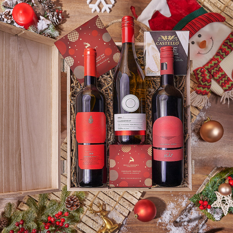 Christmas Wine Trio, wine gift, wine, chocolate gift, chocolate, cheese gift, cheese, Vancouver delivery