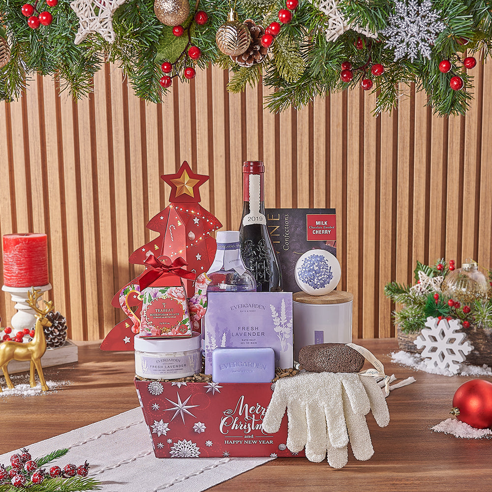 Christmas Wine &amp; Spa Gift Set, wine gift, wine, spa gift, spa, chocolate gift, chocolate, tea gift, tea, Vancouver delivery