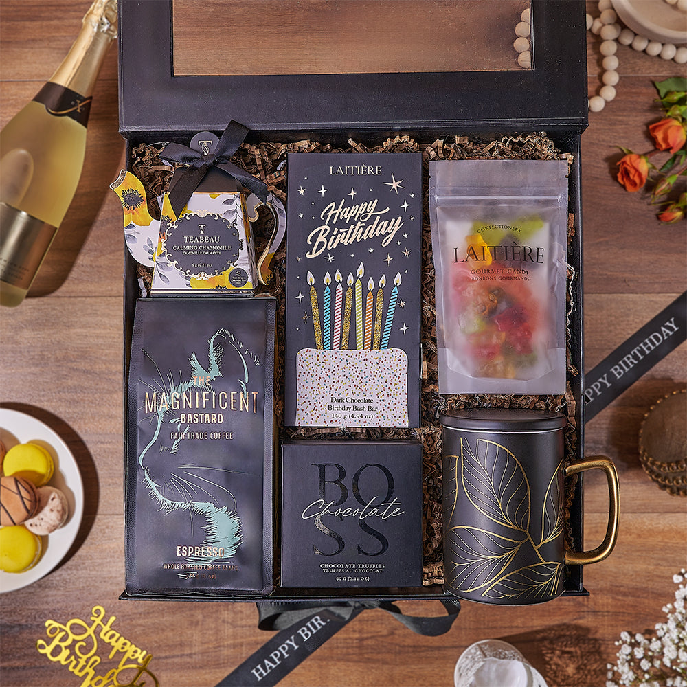 Premium Coffee and Chocolate Birthday Gift Basket – how the gift is presented