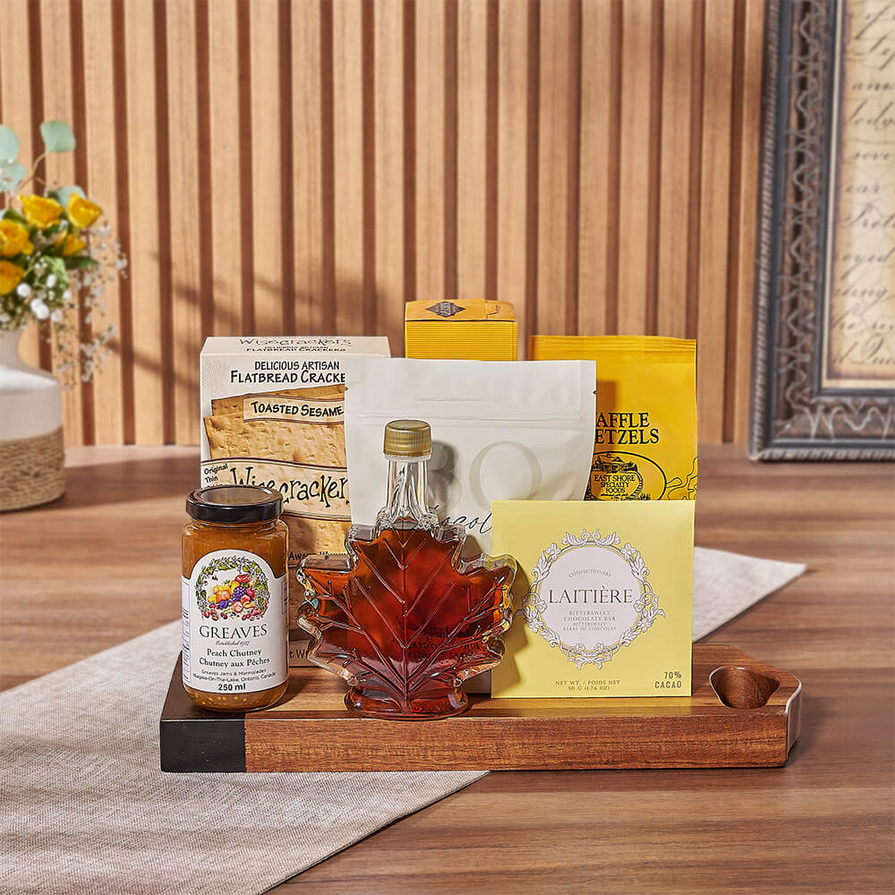 Gourmet Snack Platter Gift Basket on Wooden Serving Board – how the gift is presented