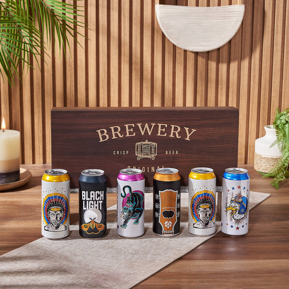 Locally Sourced Craft Beer Gift Basket in Decorative Beer Can Box – how the gift is presented