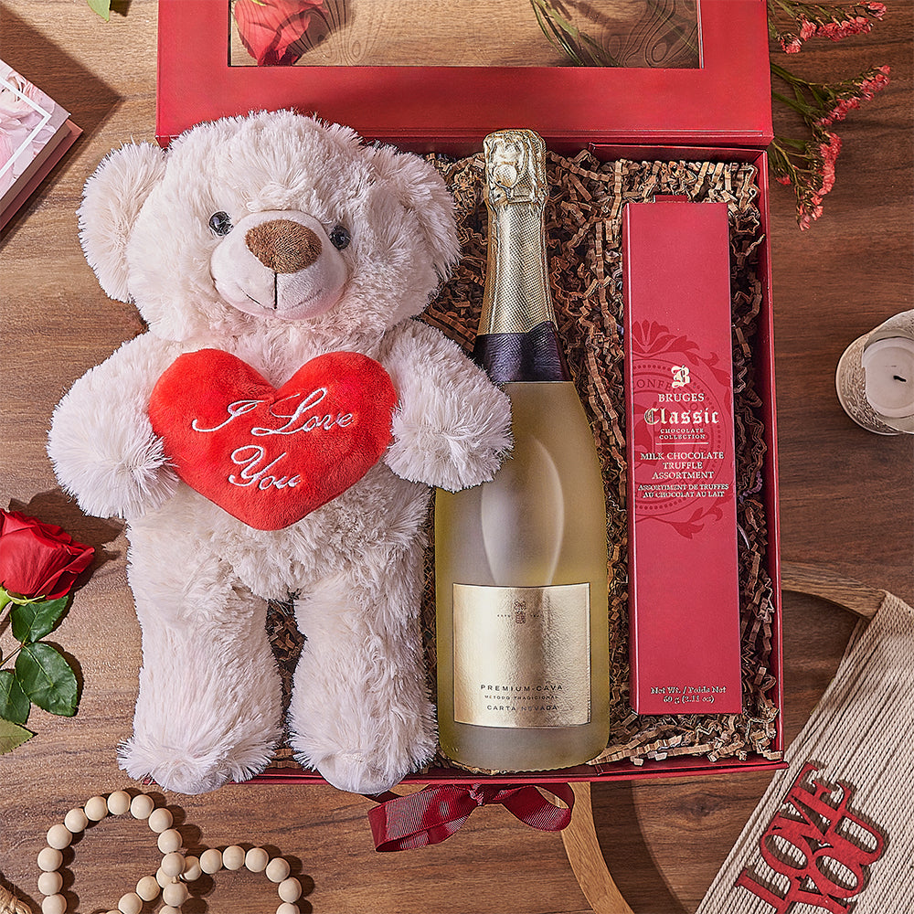 Valentine's Sparkling Wine Gift with Red Roses and Milk Chocolate Truffles – how the gift is presented