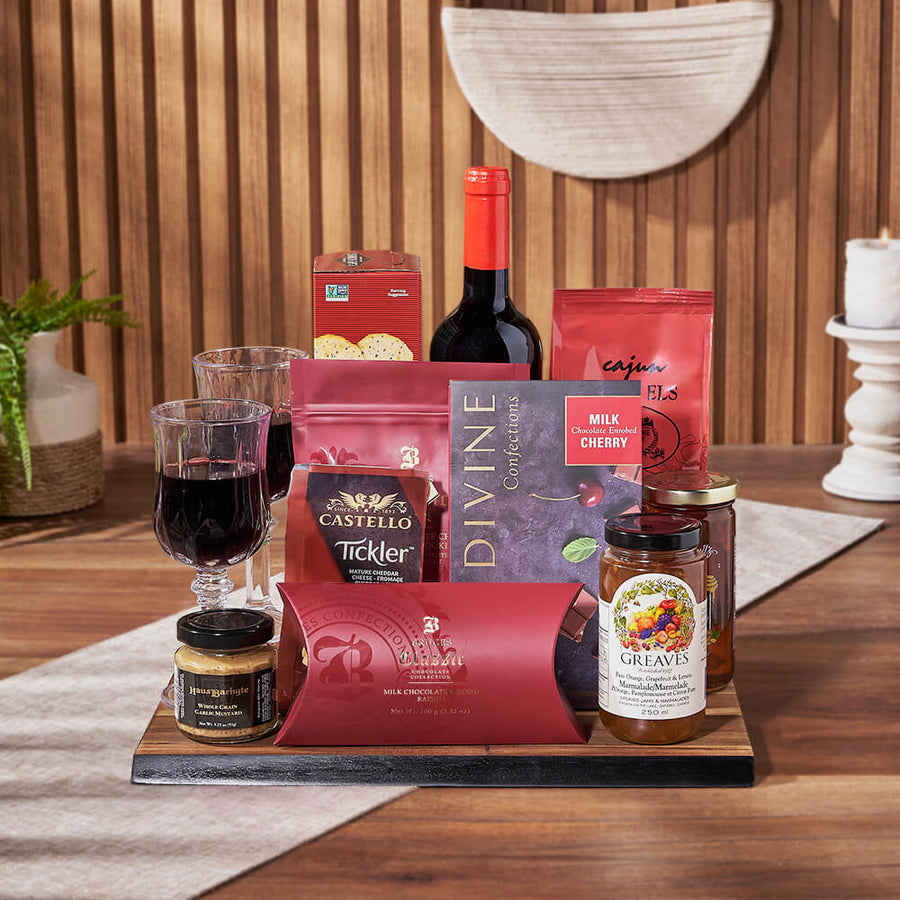 Decadent Wine & Cheese Gift Board, wine gift, wine, chocolate gift, chocolate, snack gift, snack, Vancouver delivery