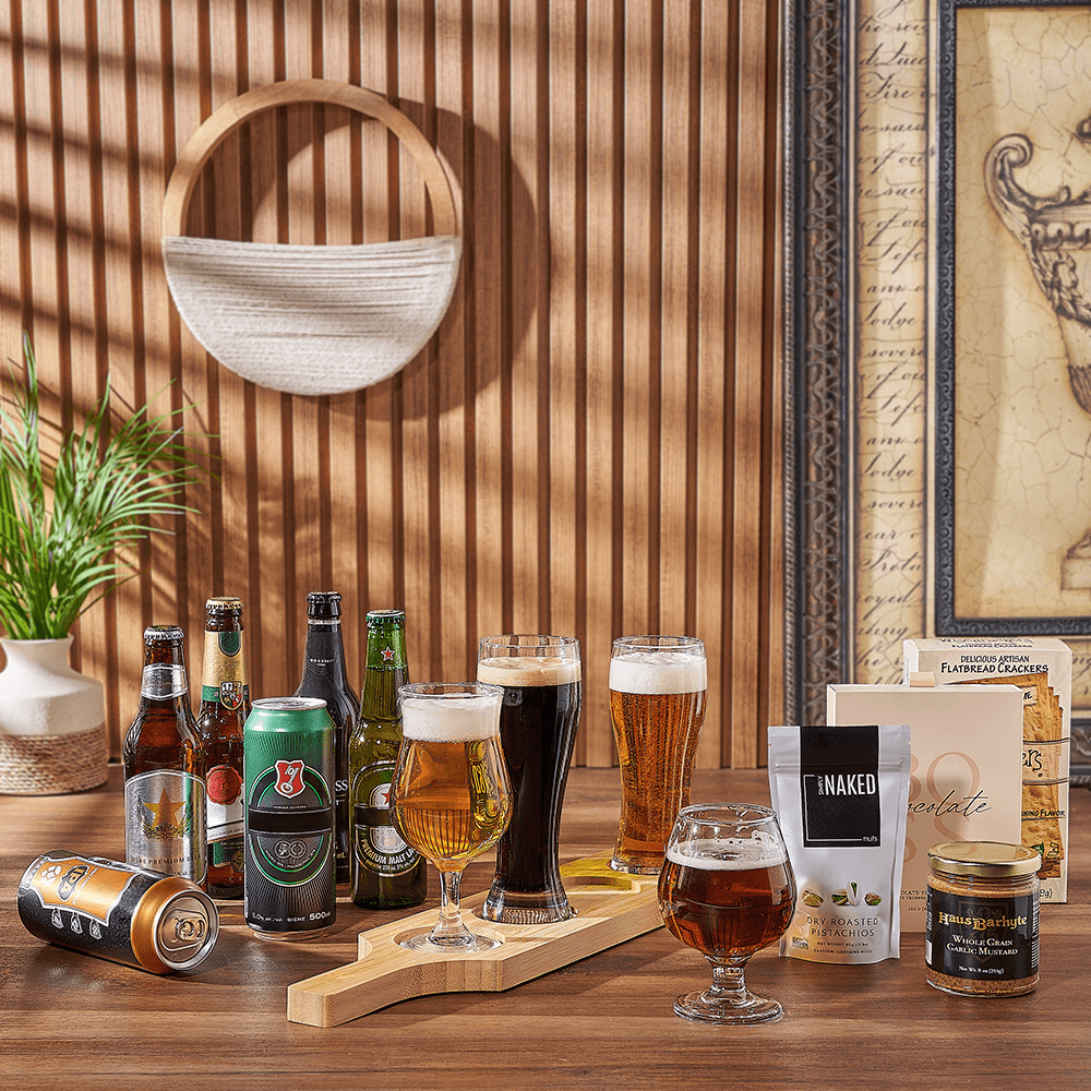 Beer Flight Gift Basket with Snacks – how the gift is presented