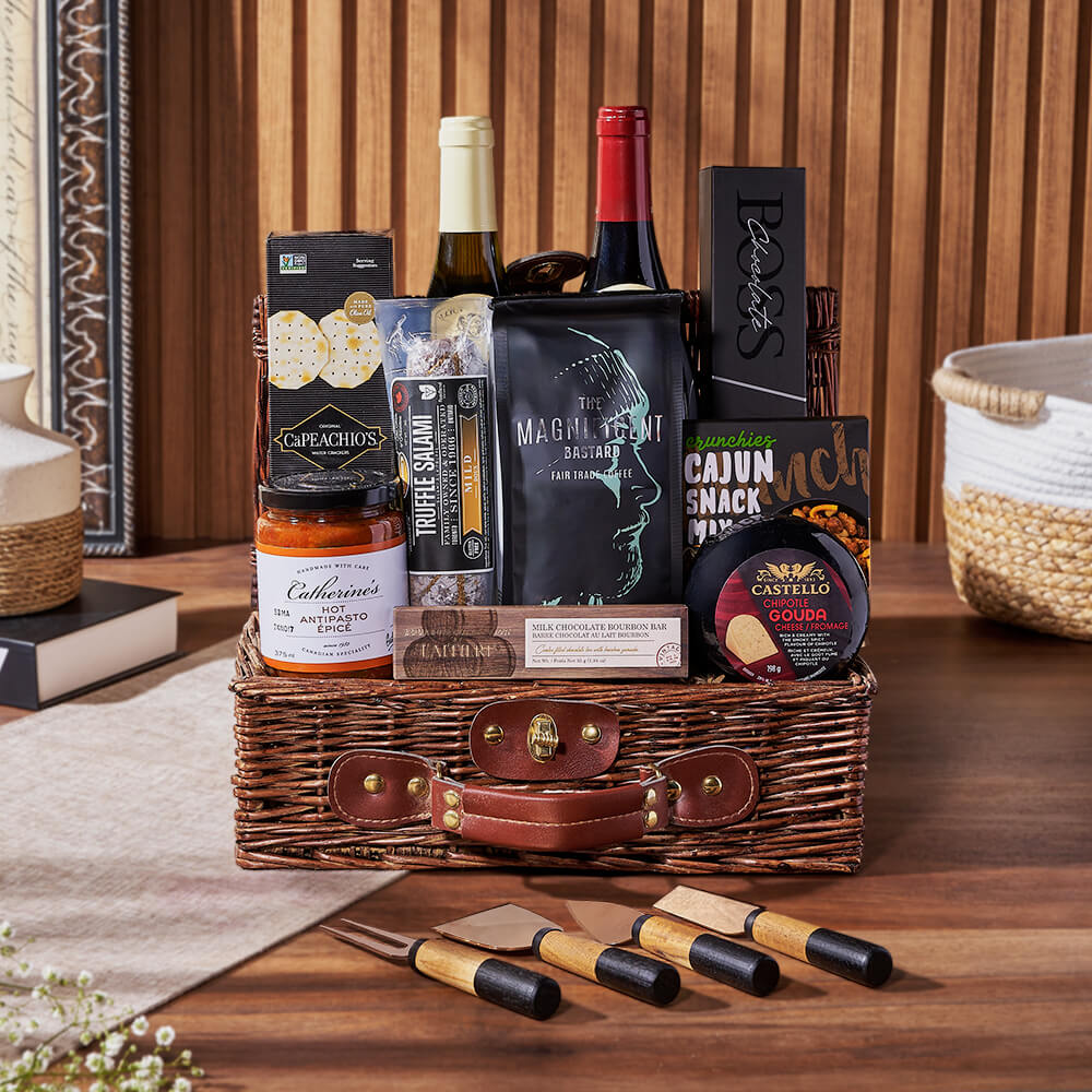 Classic Wine Gift Basket with Cheese Knives and Antipasto Selection – how the gift is presented
