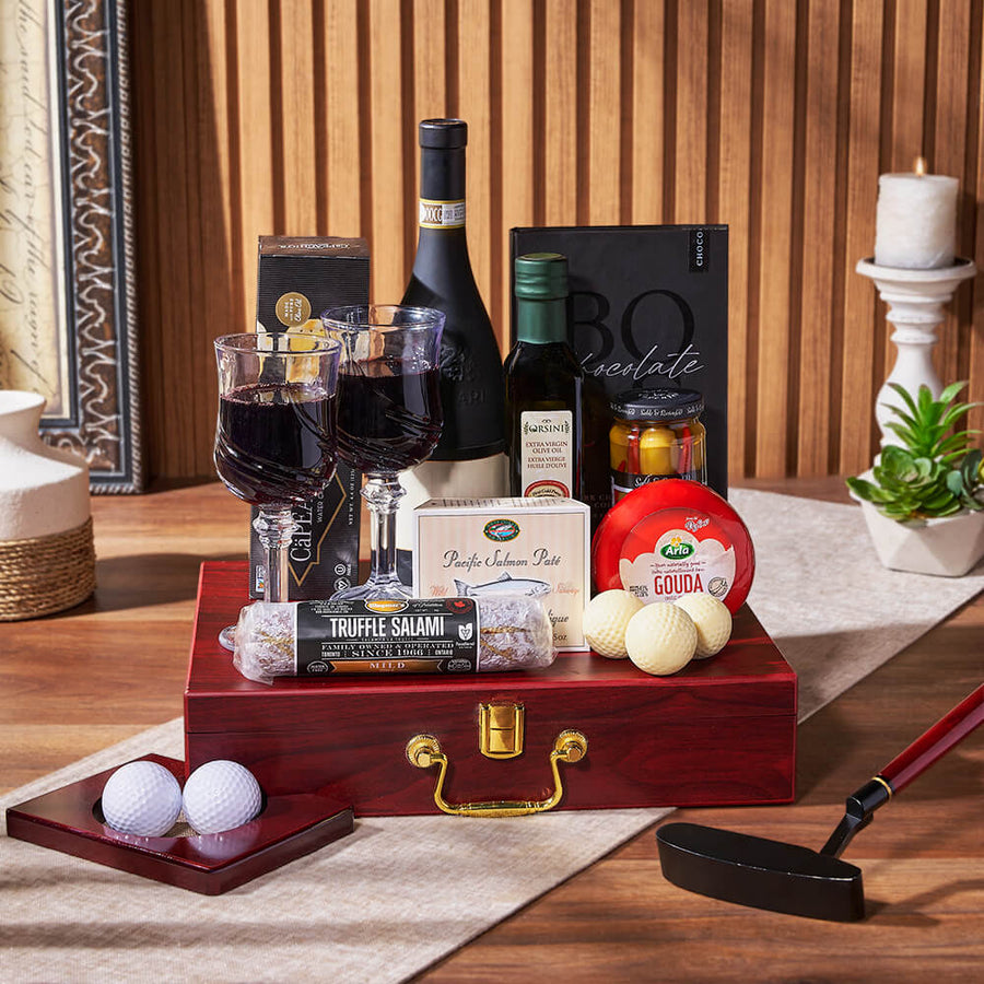 Deluxe Wine & Golfing Snack Set, wine gift, wine, charcuterie gift, charcuterie, seafood gift, seafood, golf gift, golf, Vancouver delivery