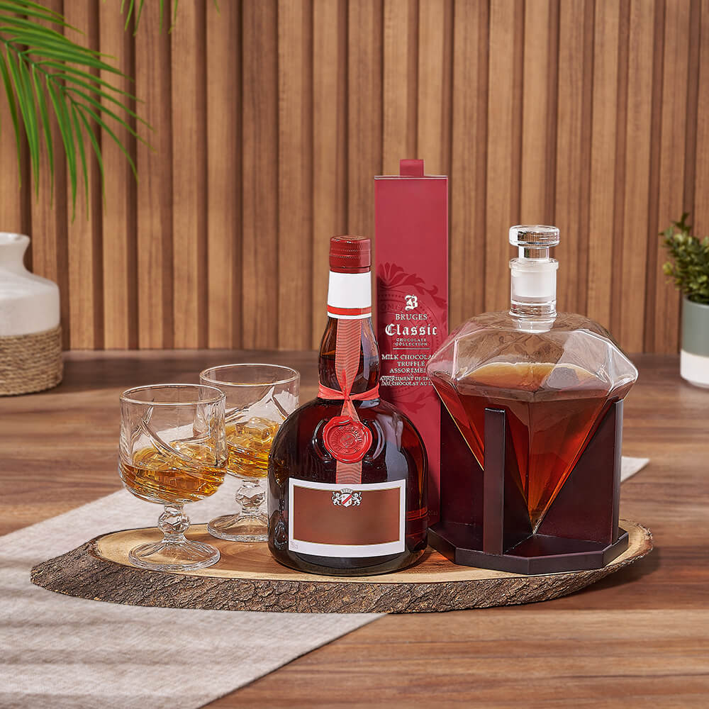 Vodka Gift Basket with Diamond Decanter and Bruges Truffles – how the gift is presented