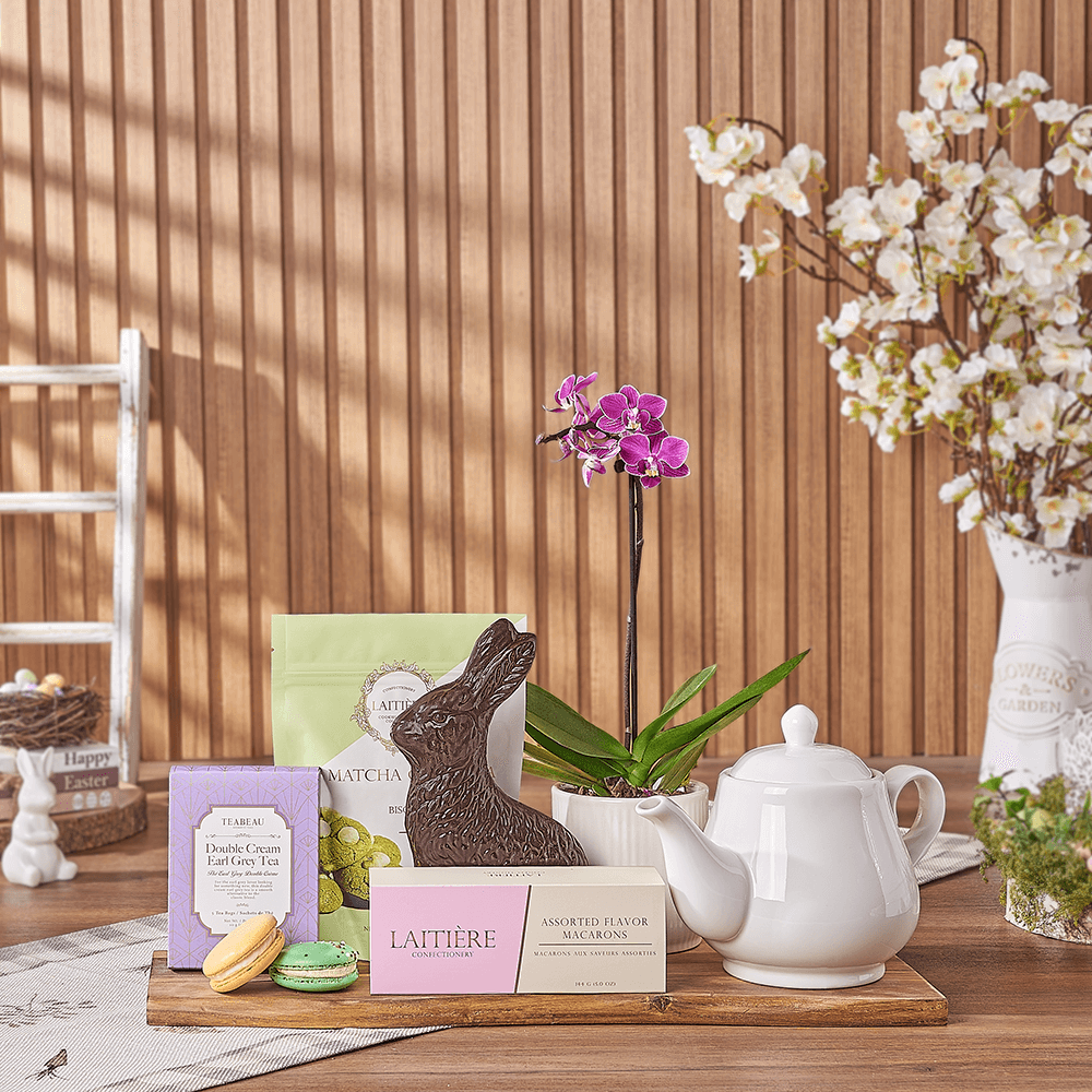 Easter Bunny Tea Tray, tea gift, tea, easter gift, easter, orchid gift, orchid, plant gift, plant, Vancouver delivery