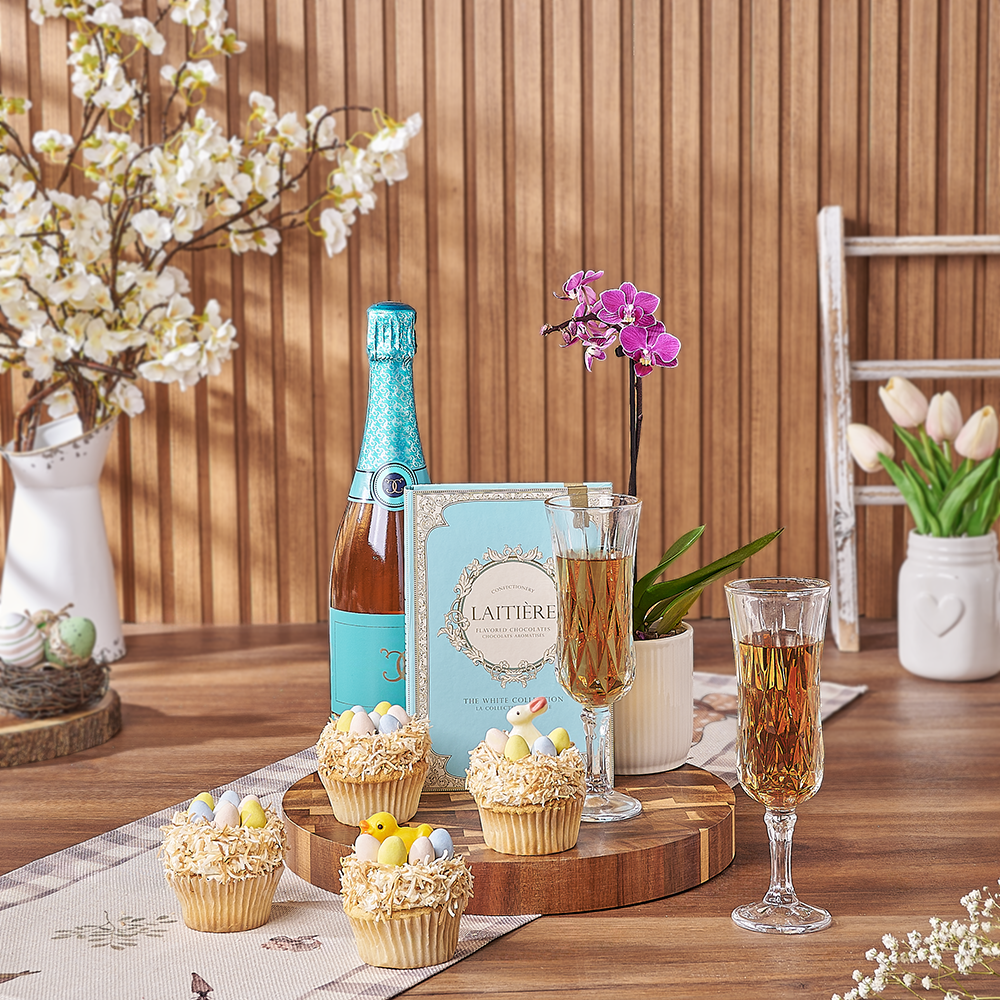Easter Cupcake & Champagne Gift Set, champagne gift, champagne, sparkling wine gift, sparkling wine, cupcake gift, cupcake, plant gift, plant, orchid gift, orchid, Vancouver delivery