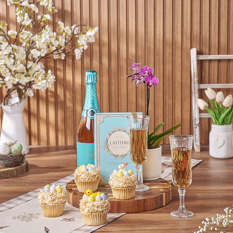 Easter Cupcake & Champagne Gift Set, champagne gift, champagne, sparkling wine gift, sparkling wine, cupcake gift, cupcake, plant gift, plant, orchid gift, orchid, Vancouver delivery