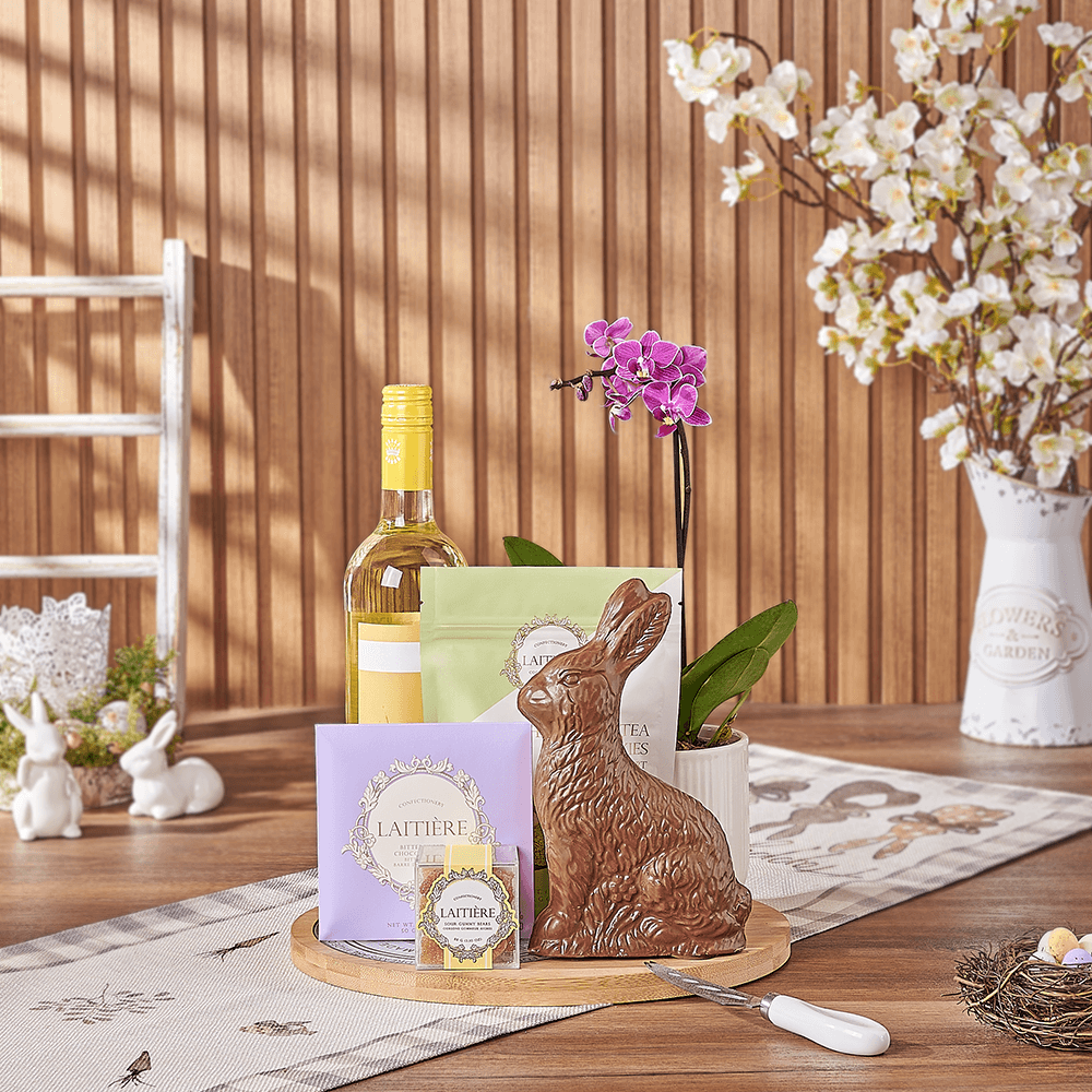 Orchid with Wine and Easter Board – how the gift is presented