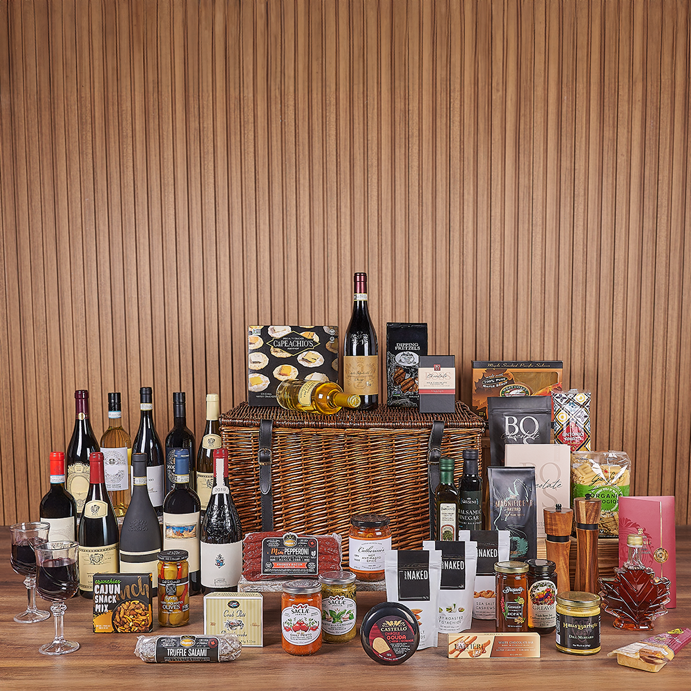 Exquisite Wine &amp; Goodie Basket - Vintage Premium Wines, wine gift, wine, chocolate gift, chocolate, luxury gift, luxury, Vancouver delivery