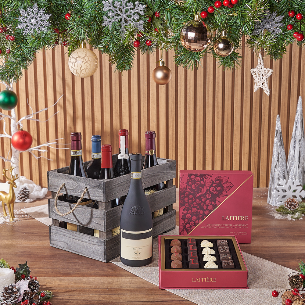 Festive Christmas Wine Gift Crate, wine gift, wine, christmas gift, christmas, holiday gift, holiday, chocolate gift, chocolate, Vancouver delivery