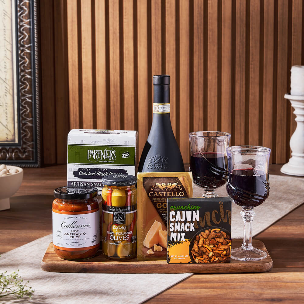 Deluxe Wine Gift Basket with Crackers, Cheese, and Glasses – how the gift is presented