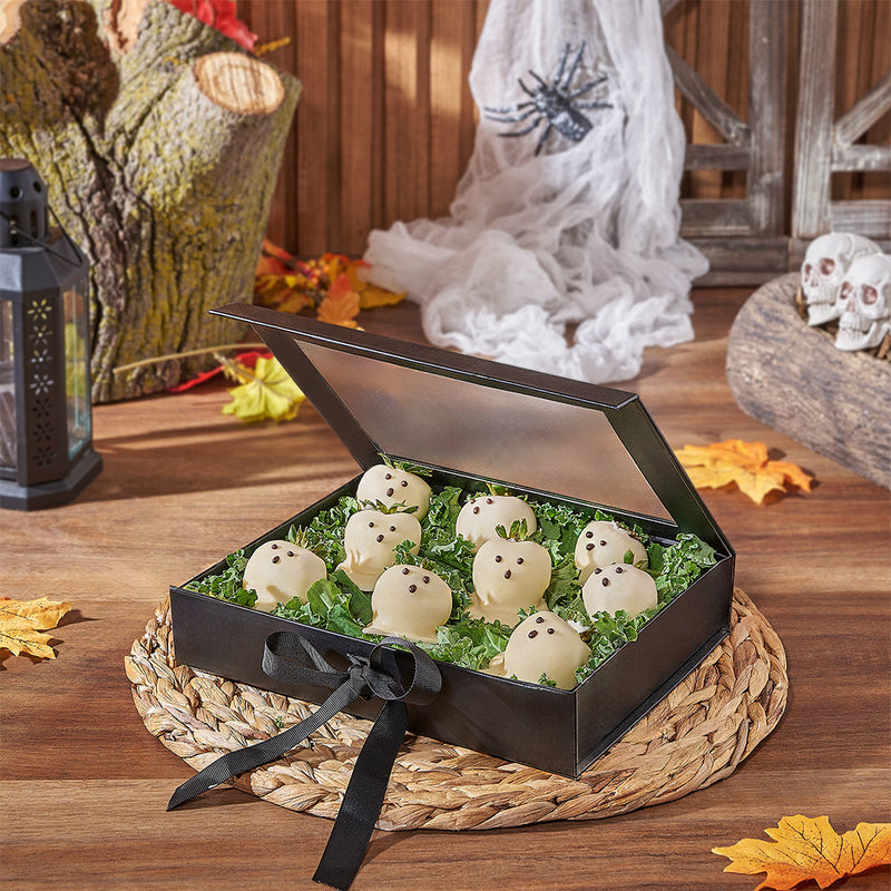 Ghostly Chocolate Dipped Strawberries, chocolate dipped strawberry gift, chocolate dipped strawberry, halloween gift, halloween, Vancouver delivery