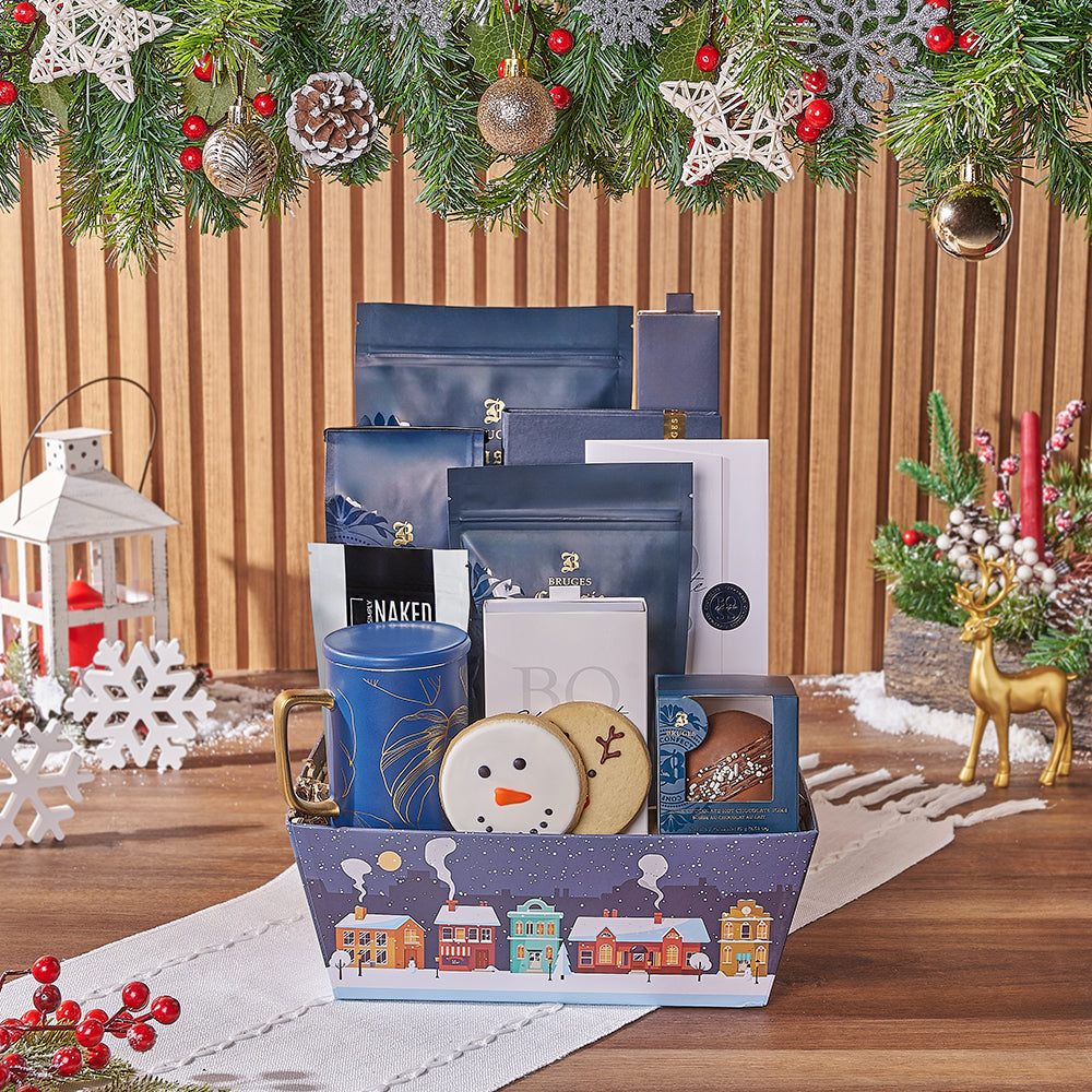Blue Mug and Gourmet Treats Christmas Gift Basket – how the gift is presented