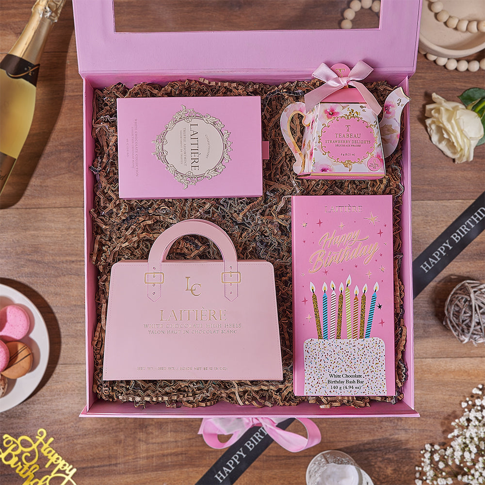 Birthday Gift Basket with White Chocolate Assortment and Strawberry Tea – how the gift is presented