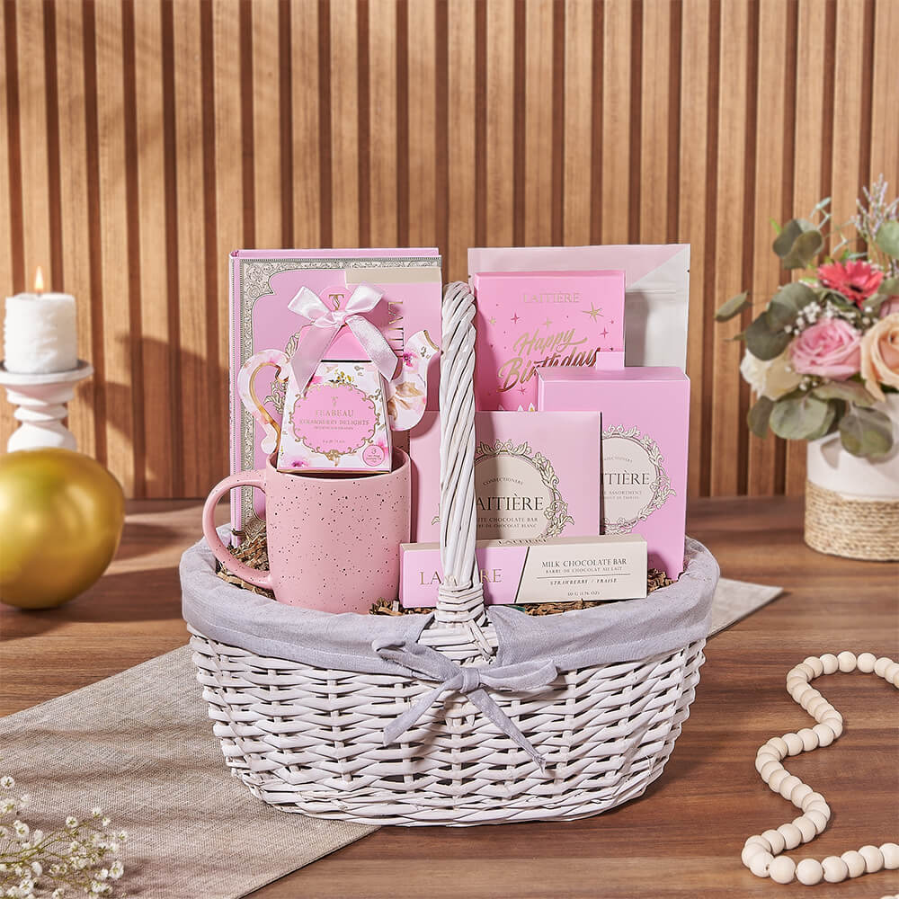 Birthday Chocolate Treats with Tea Basket – how the gift is presented
