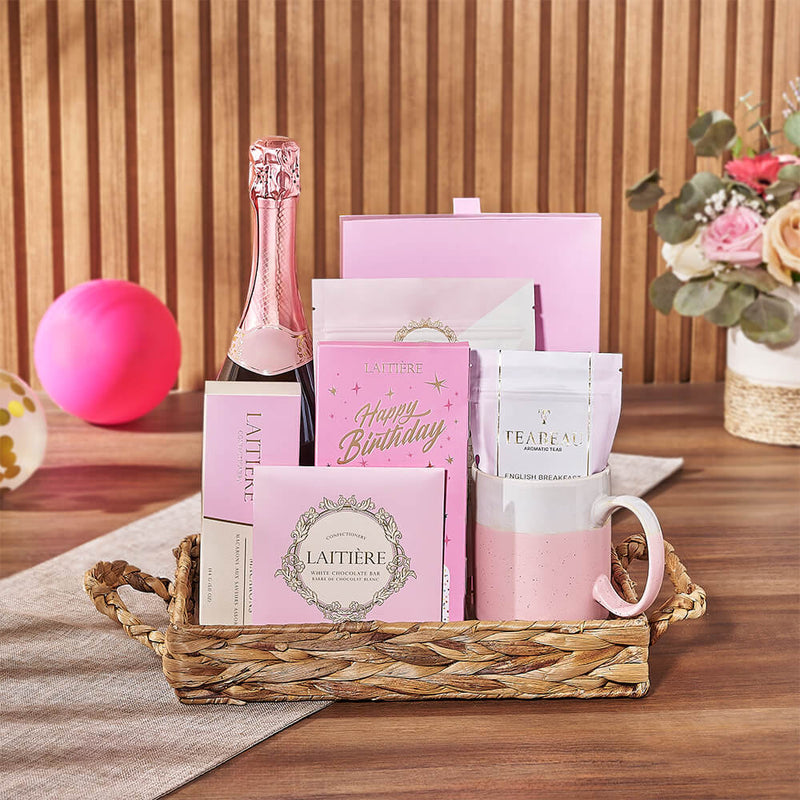 Happy Birthday Tea & Bubbly Tray, champagne gift, champagne, sparkling wine gift, sparkling wine, chocolate gift, chocolate, birthday gift, birthday, Vancouver delivery