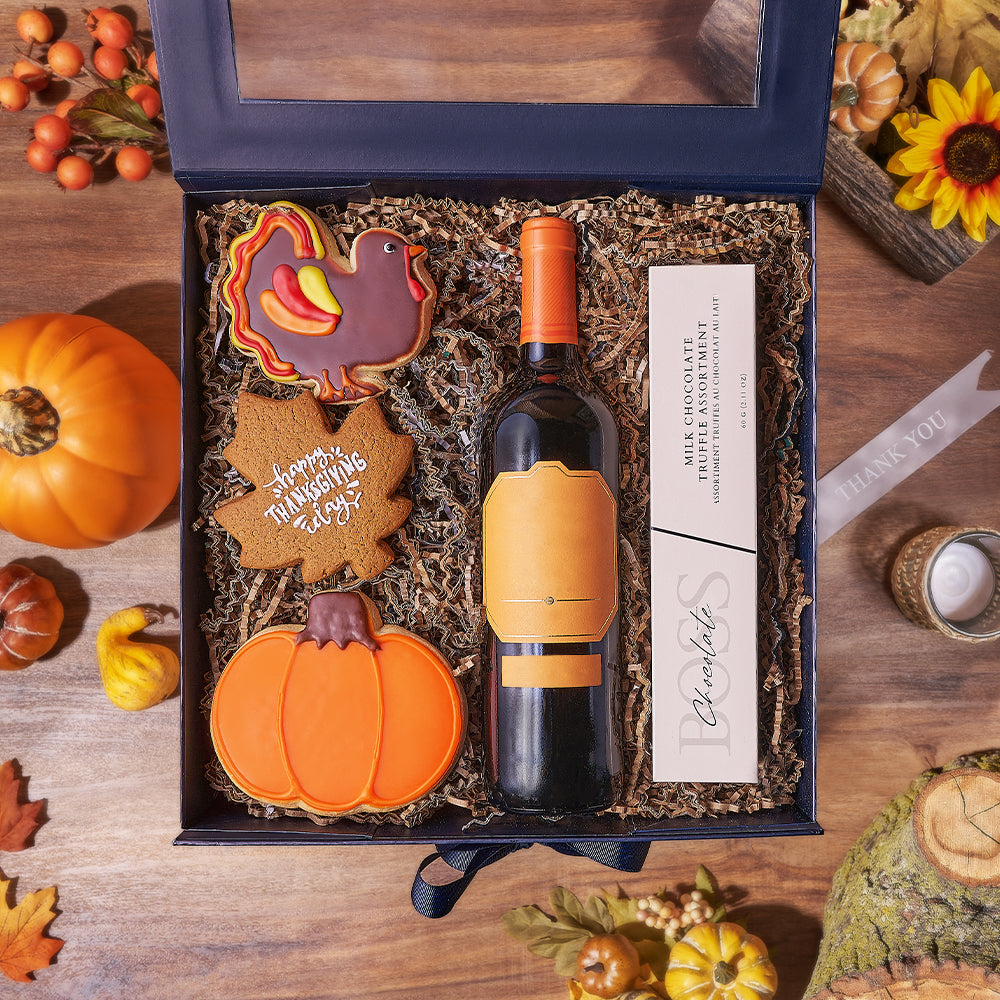 Happy Thanksgiving Wine &amp; Cookie Box, thanksgiving gift, thanksgiving, wine gift, wine, chocolate gift, chocolate, Vancouver delivery