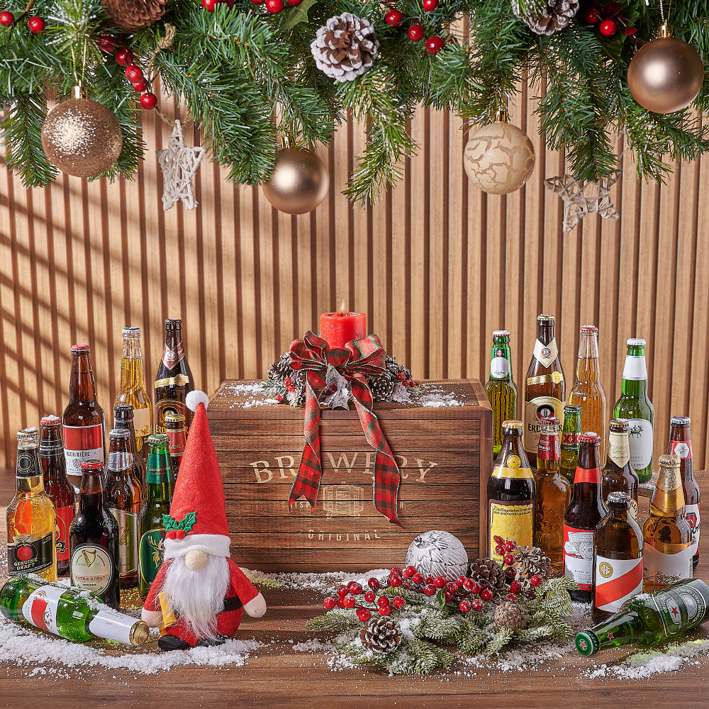 Christmas Beer Gift Basket with Assorted Bottles and Plush Santa – how the gift is presented