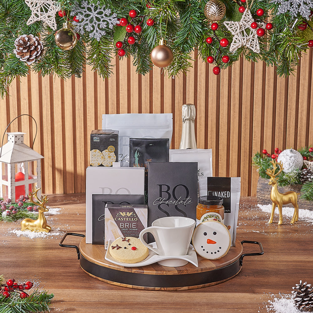 Snowflake Peppermint Champagne Basket – how the gift is presented