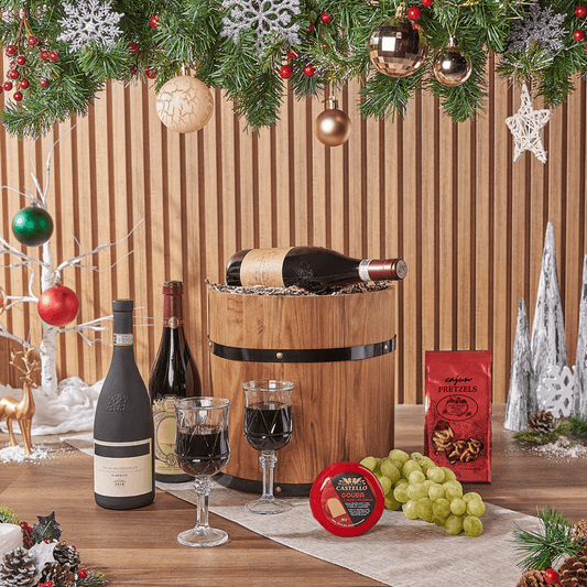 Holiday Fine Wine & Cheese Barrel, wine gift, wine, cheese gift, cheese, fruit gift, fruit, christmas gift, christmas, holiday gift, holiday, Vancouver delivery