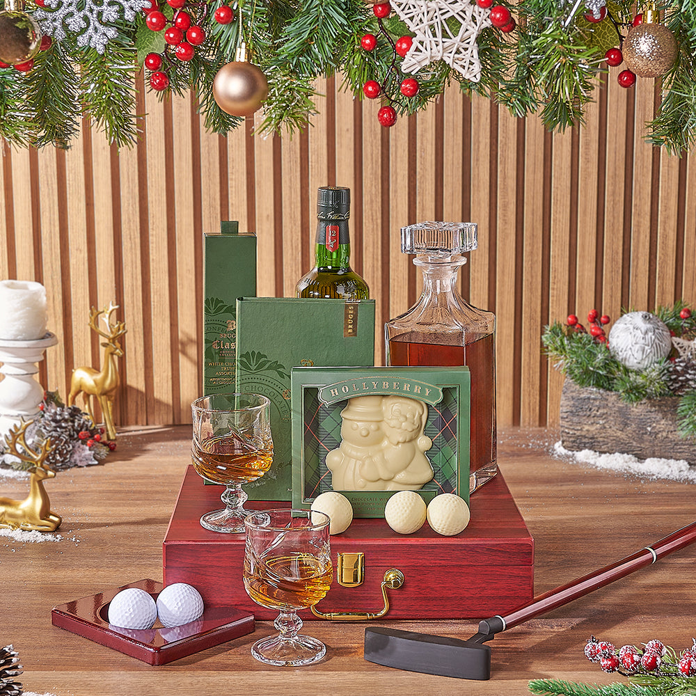 Holiday Golf &amp; Liquor Gift Basket, liquor gift, liquor, chocolate gift, chocolate, golf gift, golf, Vancouver delivery