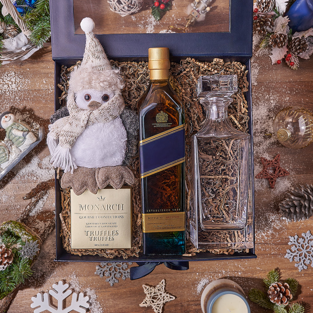 Holiday Liquor Decanter &amp; Treats Basket, liquor gift, liquor, chocolate gift, chocolate, decanter gift, decanter, christmas gift, christmas, Vancouver delivery