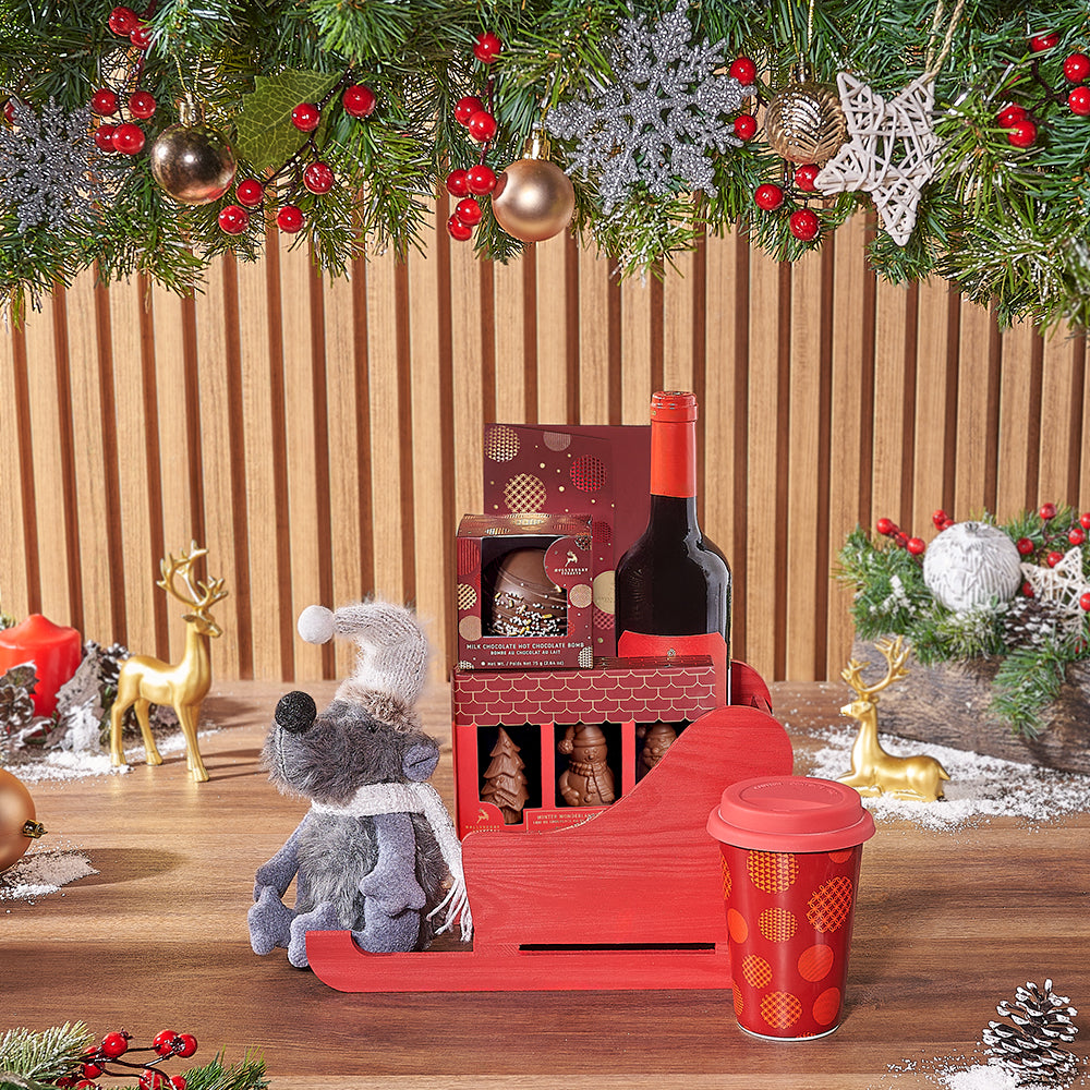 Wine and Holiday Chocolate Basket – how the gift is presented
