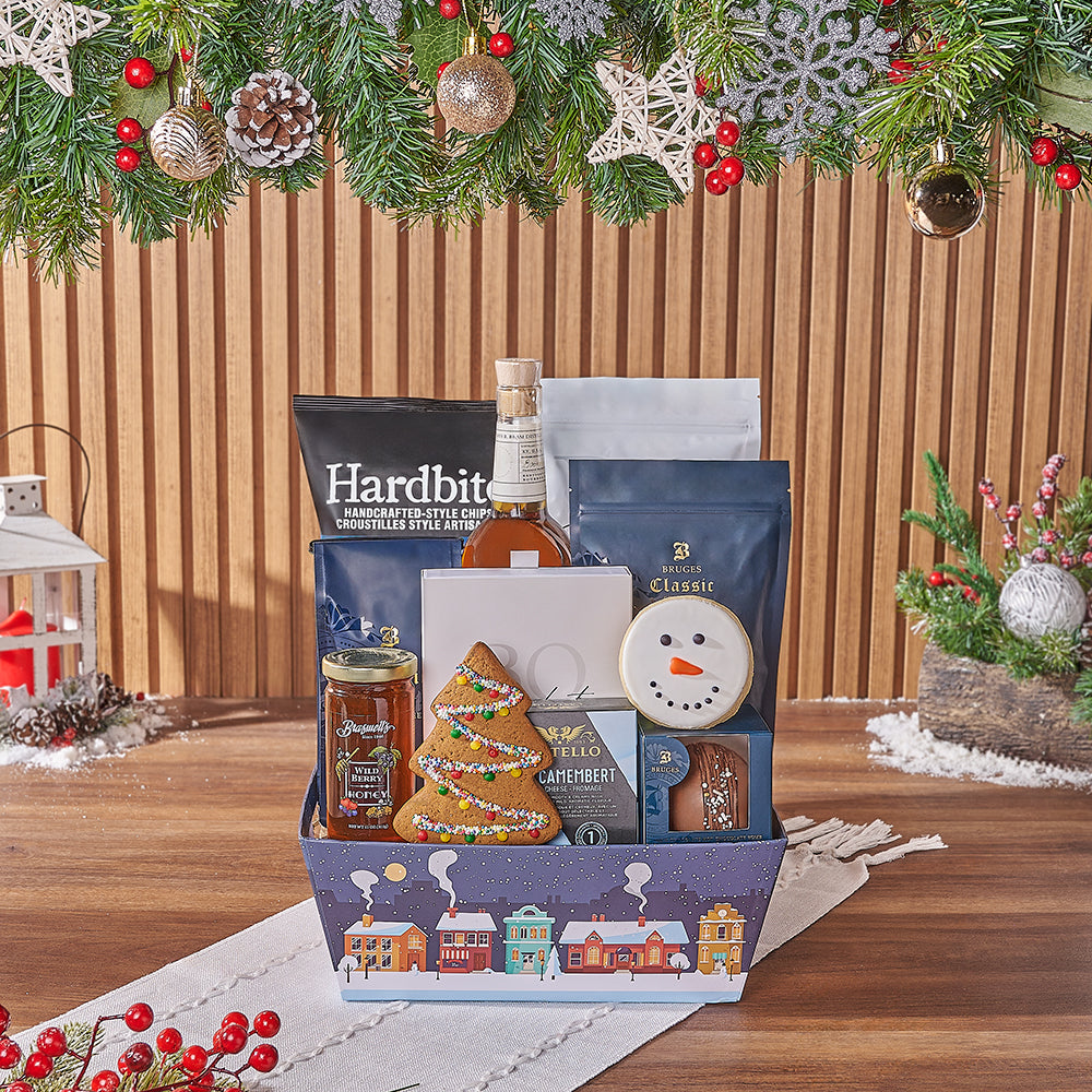 Holiday Whiskey and Cheese Gift Basket – how the gift is presented