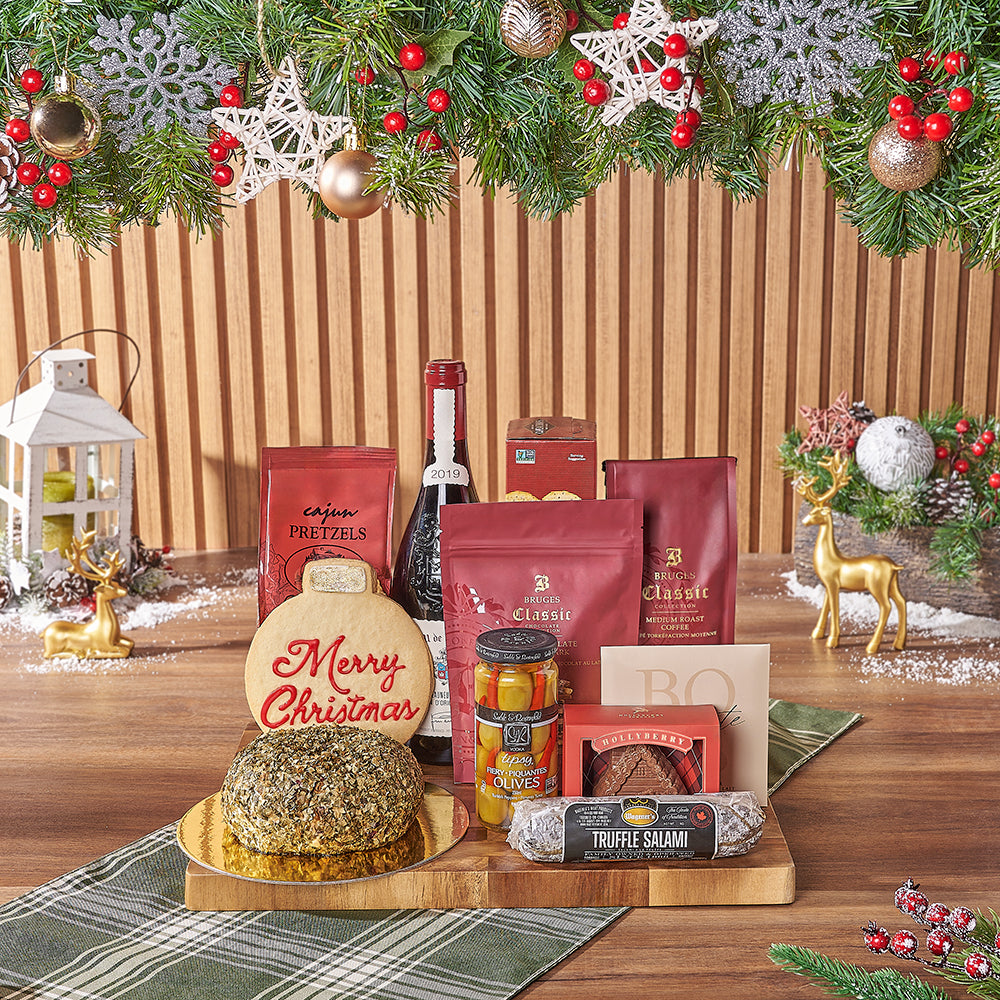 Holiday Wine &amp; Cheese Ball Gift Basket, christmas git, christmas, chocolate gift, chocolate, wine gift, wine, cheeseball gift, cheeseball, Vancouver delivery