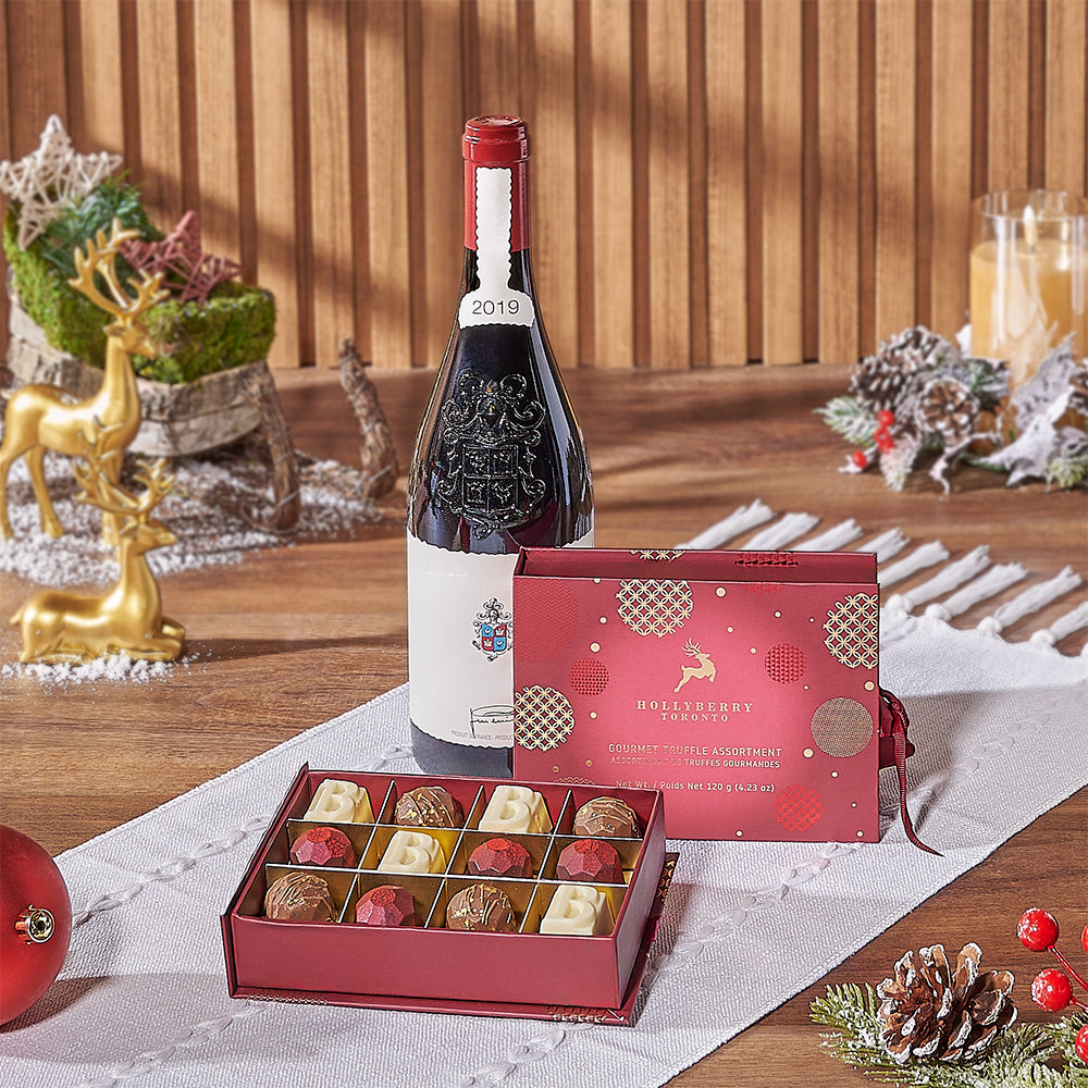 Holiday Wine Basket with Chocolate Truffles – how the gift is presented